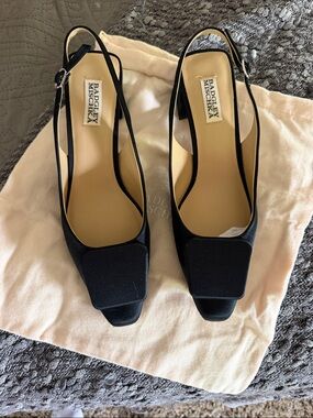 Badgley Mischka Black Satin Square-Toe Slingback Heels